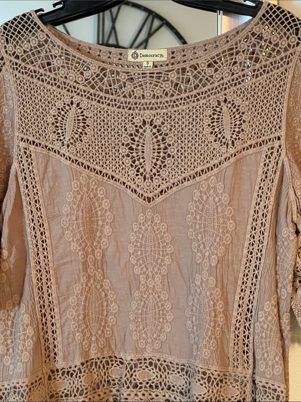 Democracy Crochet Lace Brown Short Sleeve Tunic
